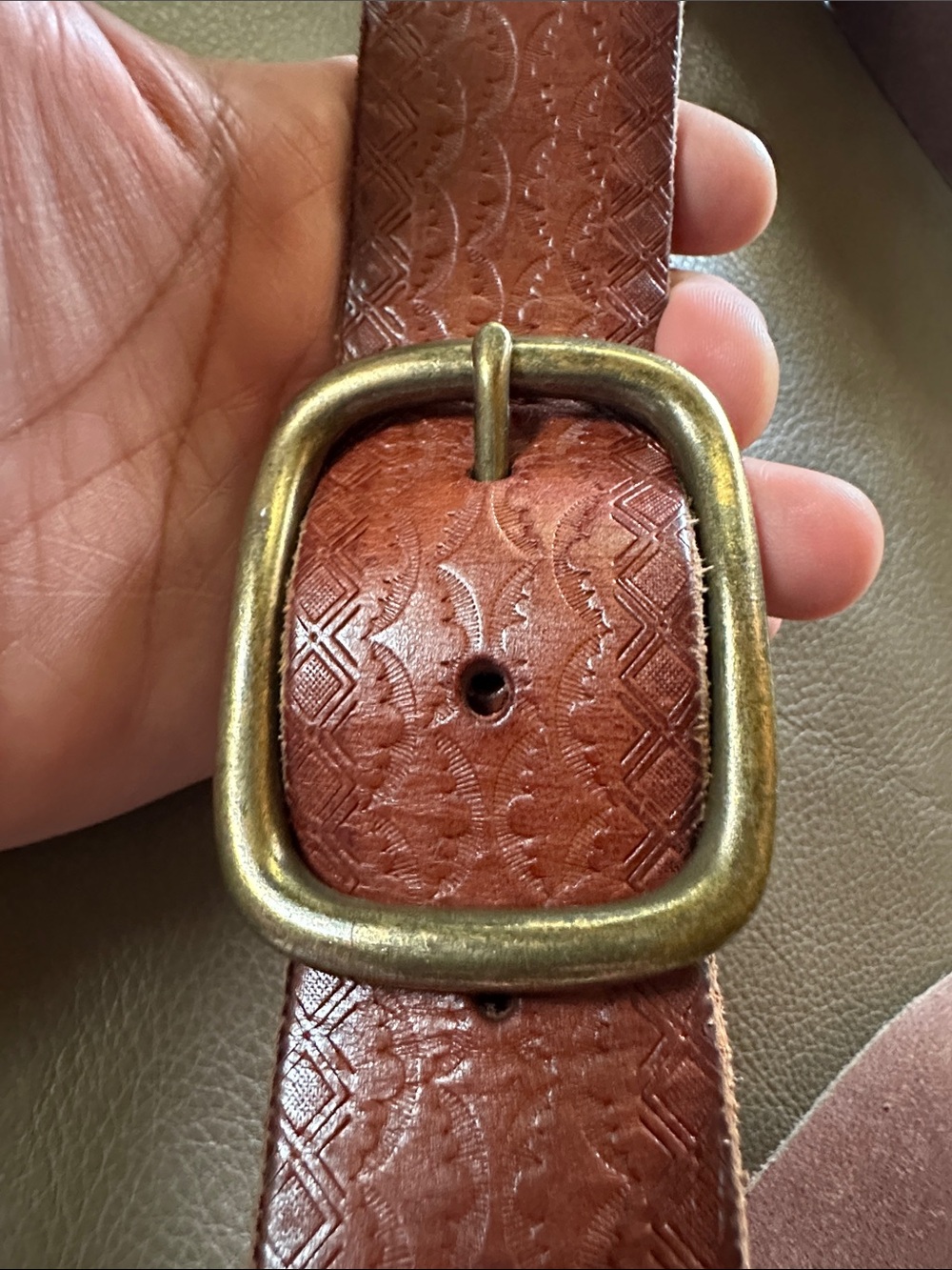 Lucky Brand Embossed Brown Leather Belt with Antique Brass Buckle